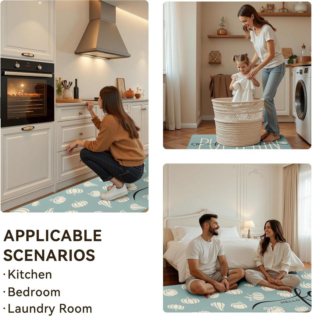 Fall Autumn Pumpkin Blue Kitchen Rug Set 2 PC, 17"x29"+17"x47"
