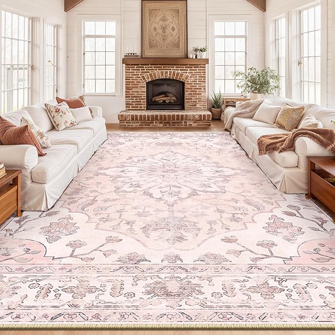 RELEANY Area Rugs 10'x14' Washable Non-Slip, Floral Vintage Distress Print by RELEANY