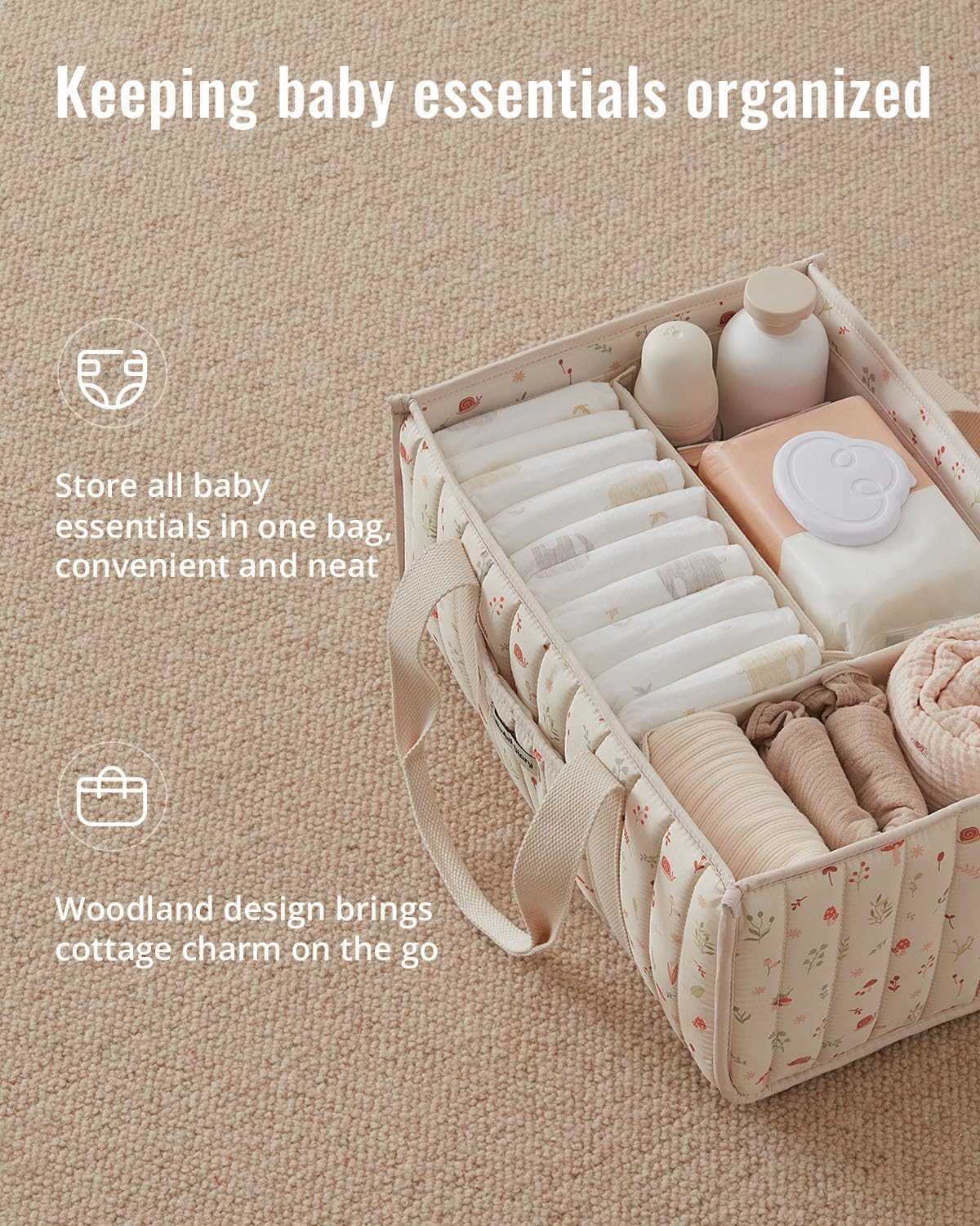 Blissful Diary Diaper Caddy Organizer, Storage Basket, Woodland Cream