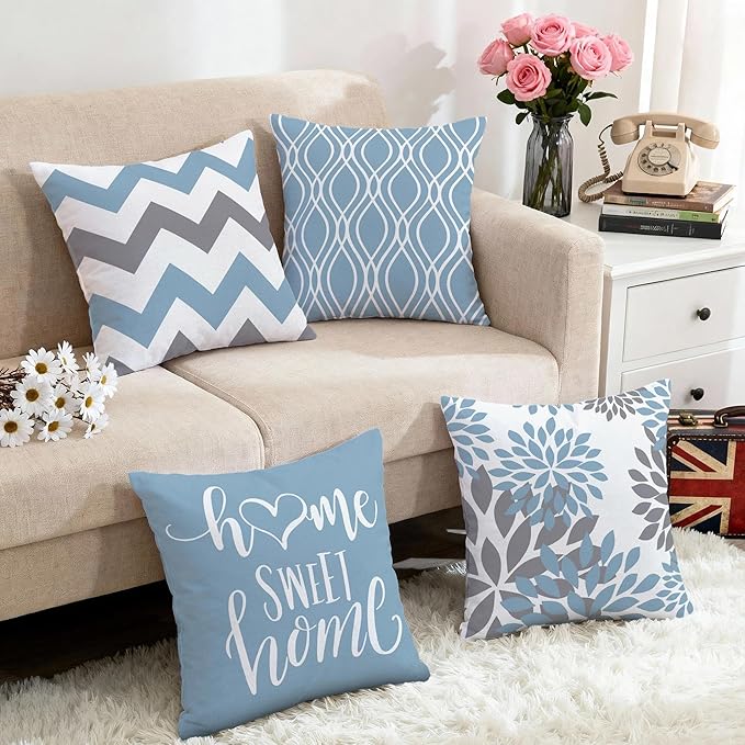 Hexagram Geometric Aqua Blue Pillow Covers 16x16 Set of 4, Decorative Outdoor - Image 5