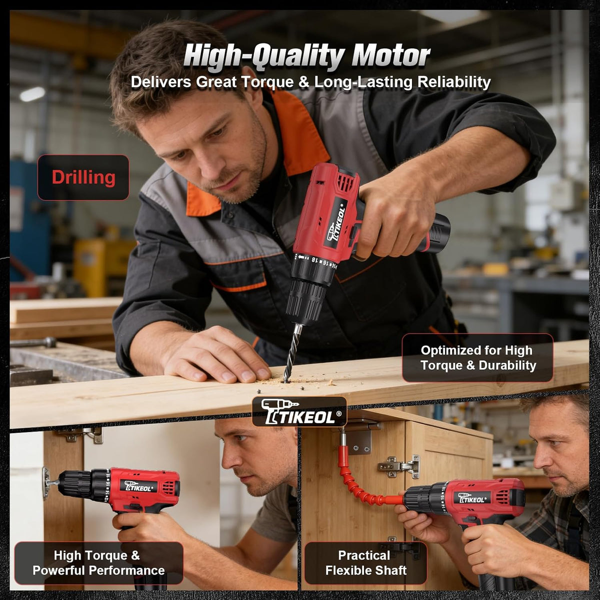 12V Cordless Drill Set with Battery & Charger, Electric Power Drill with Pure Copper Motor, 180 In-lbs Torque, 18+1 Clutch, 3/8" Keyless Chuck, LED Light, Drill Kit for Home Repair, DIY(RED)