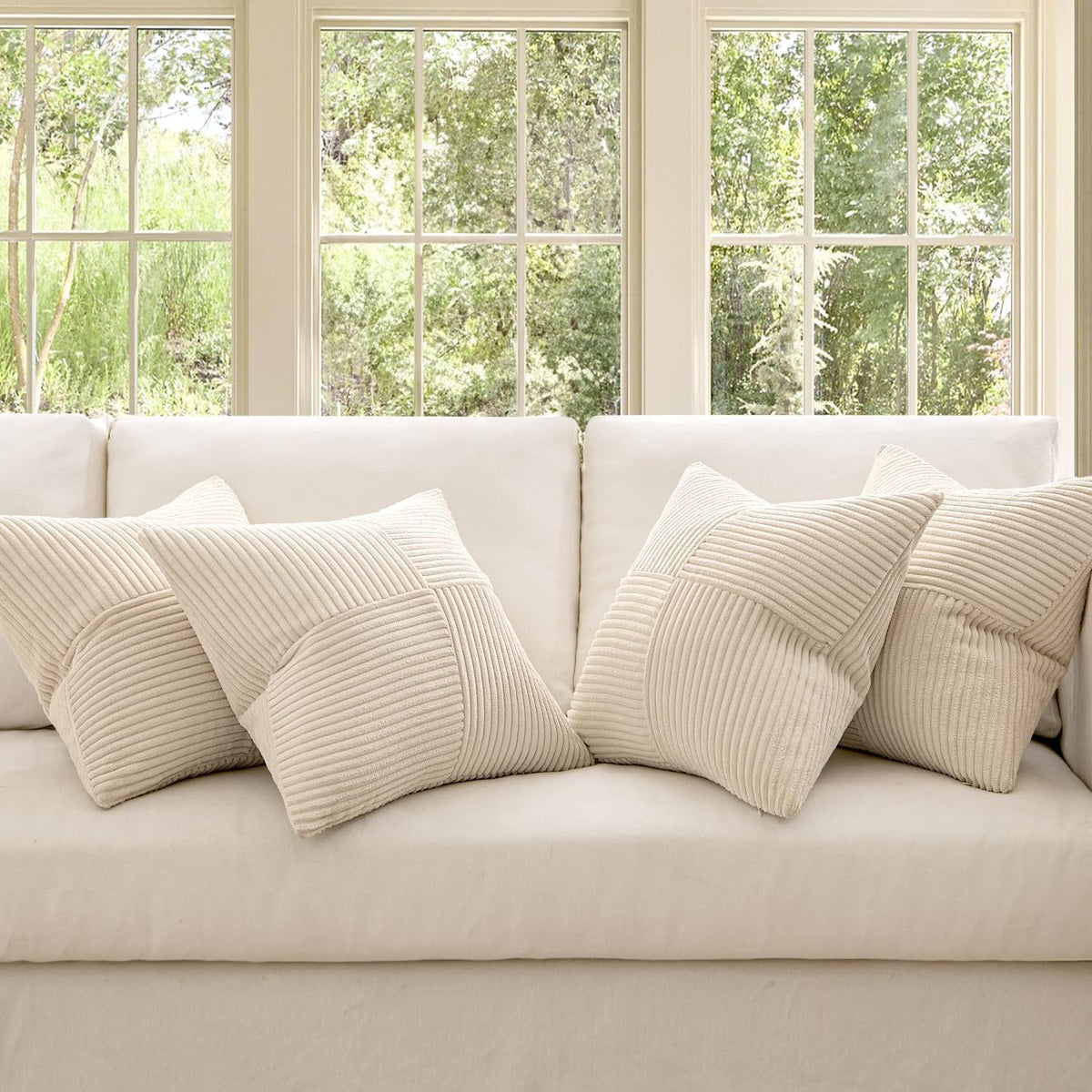 MIULEE Beige Throw Pillow Covers 16x16 Inch Set of 4 Boho Patchwork Cushion Cases Modern Farmhouse Pillow Cases with Invisible Zipper Corduroy Striped Home Decor for Couch Sofa Bedroom