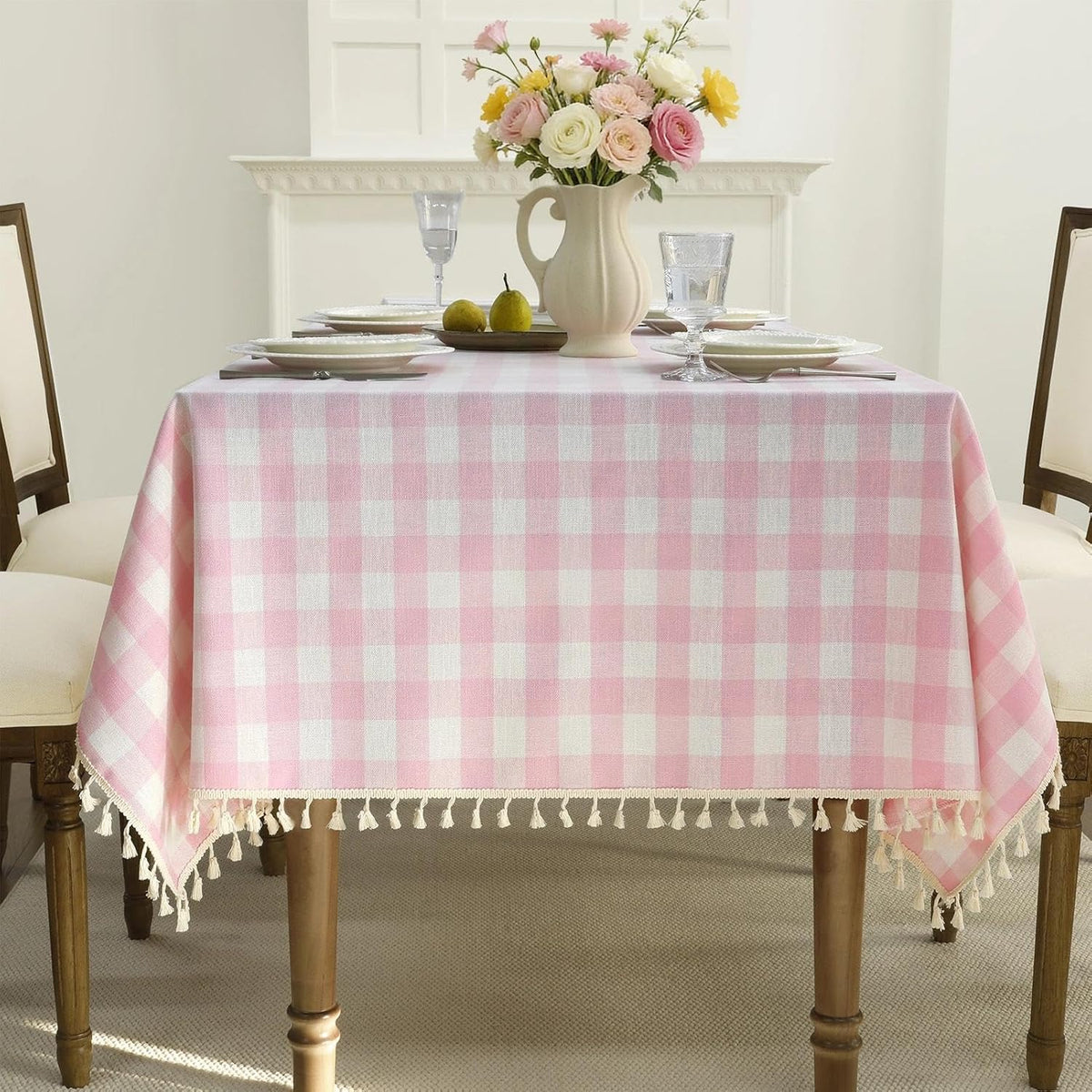 Romanstile Fall Gingham Tassel Tablecloth Rectangle - 55 x 102 Inch, Orange