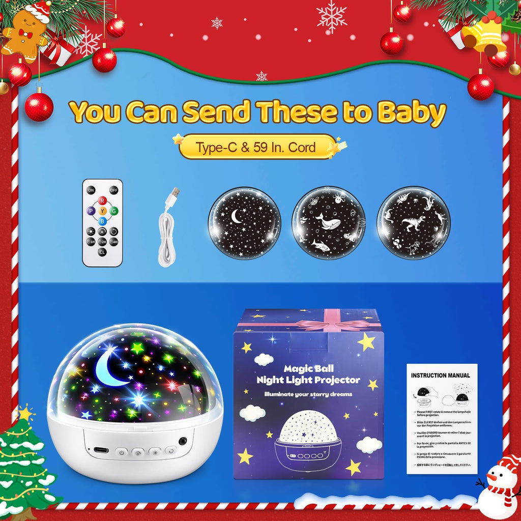 COOLNIGHT Boy Room Decor, 93 Lighting+3 Films Toddler Room Decor, Remote+Dimmable+360° Slient Nightlight for Baby Nursery, Starry Night Light Up Toys, Moon Projector (White)