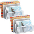 Desk Mail Organizer, Office Small Desktop Metal Mesh Envelope Letter Sorter Paper File Holder Organizer with 3 Vertical Upright Compartments, White 2 Pack