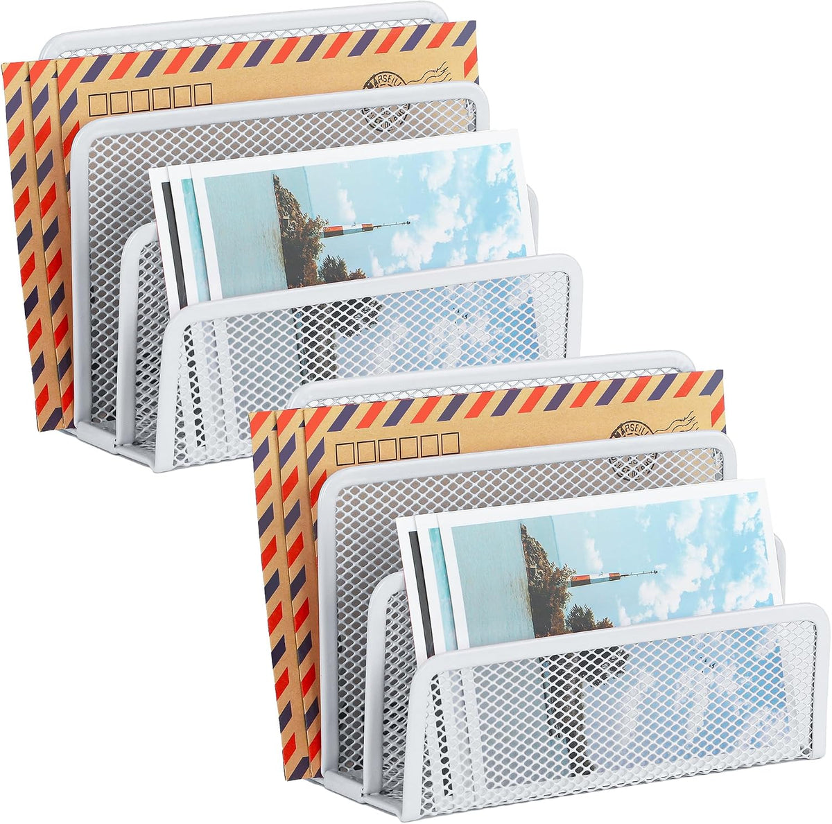 Desk Mail Organizer, Office Small Desktop Metal Mesh Envelope Letter Sorter Paper File Holder Organizer with 3 Vertical Upright Compartments, White 2 Pack
