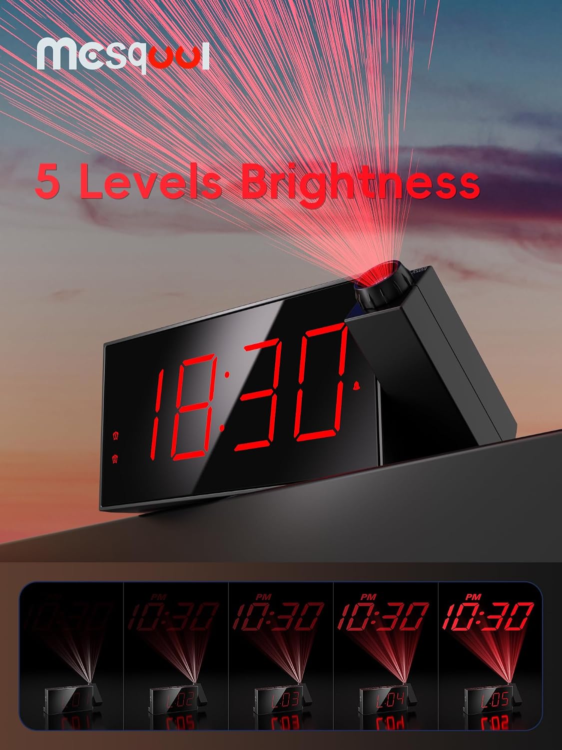 Mesqool Digital Projection Alarm Clock with Dual Alarms, 5 Levels Dimmer