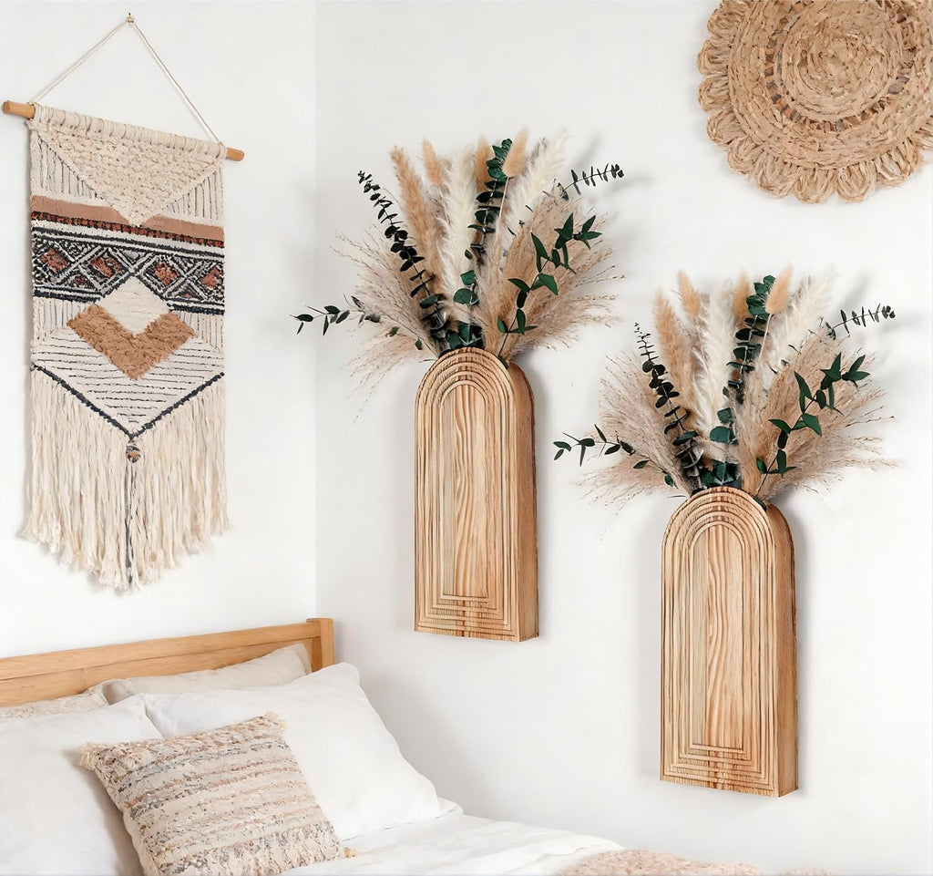 2 Pack Wall Wooden Vases with Pampas Grass – Boho Decor for Living Room, Modern Farmhouse Entryway or Bathroom, Rustic Art for Home Decoration