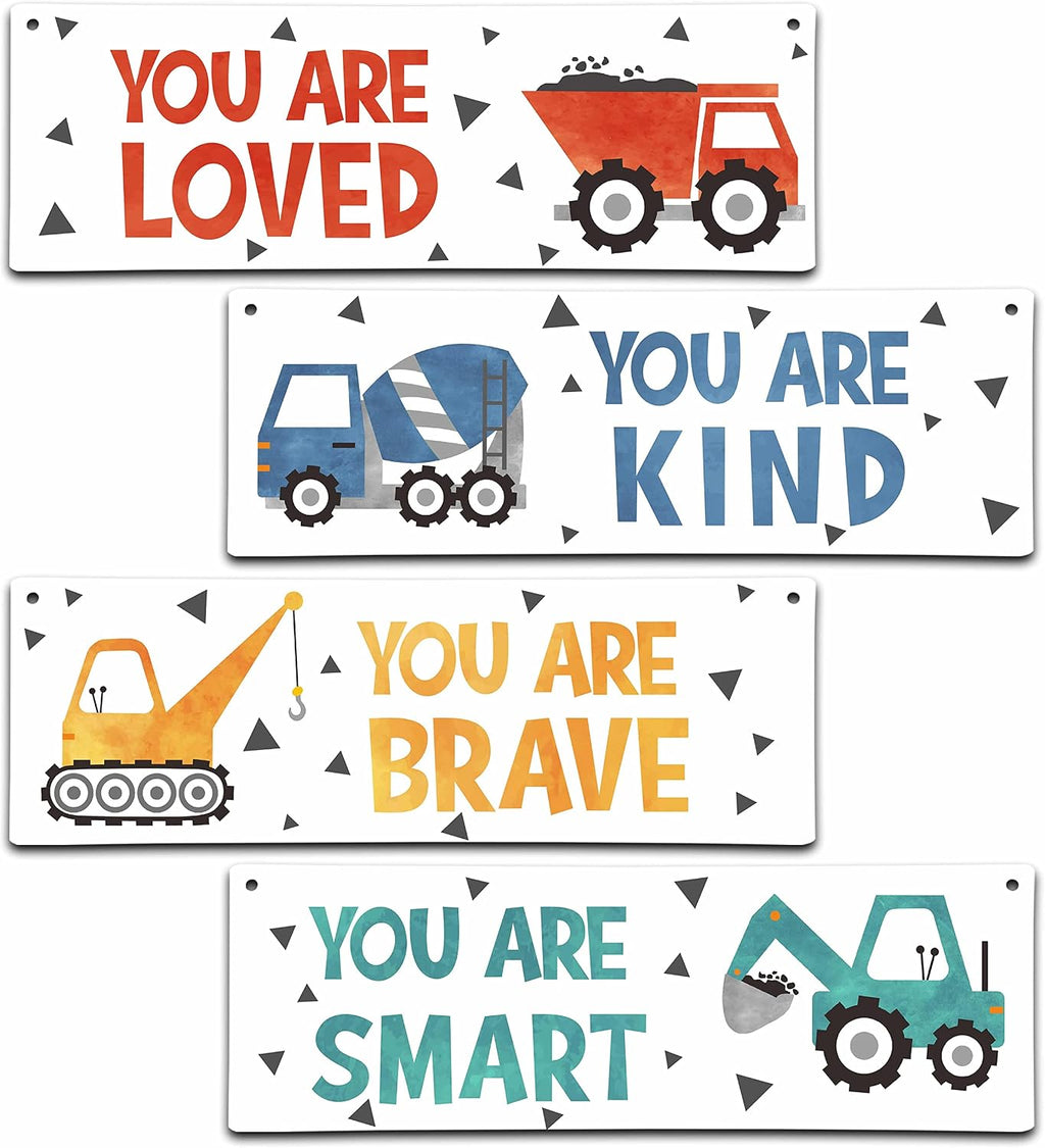 ISOVF 4 Pieces Construction Vehicles Decor Kids Room Wall Decor Wooden Sign