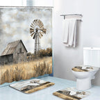 4PCS Rustic Barn Windmill Shower Curtain Set, Western Farm Barn Farmhouse Bathroom Accessories with Non-Slip Rugs, Toilet Lid Cover Bath Mat and 12 Hooks, Home Decor 72" x 72"