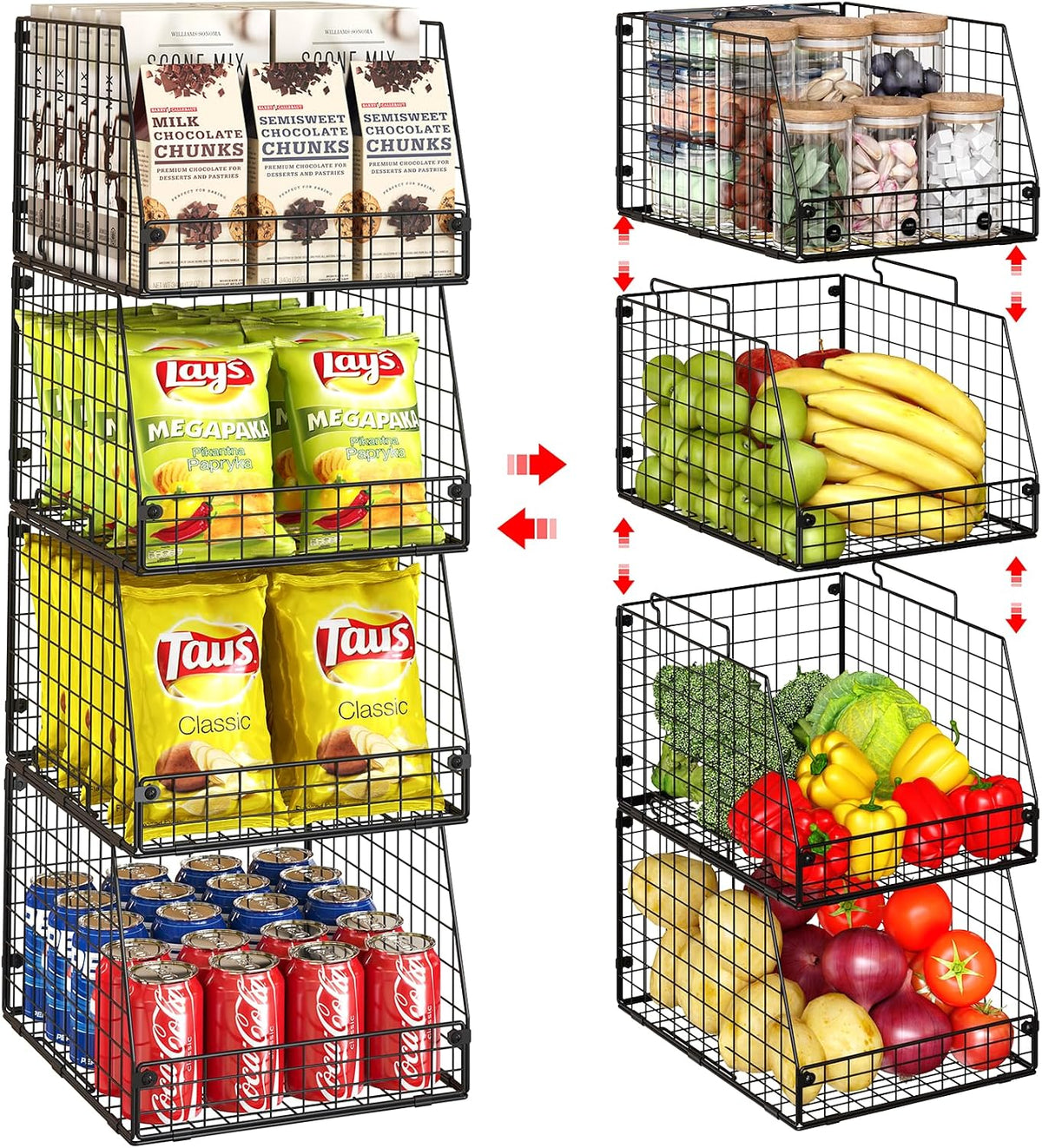 4 Pack XXL Stackable Wire Storage Basket, Extra Large Capacity Pantry Organizer and Storage, Muti-Purpose for Vegetable Fruit Basket & Can Organizer & Snack Rack & Metal Pantry Bin