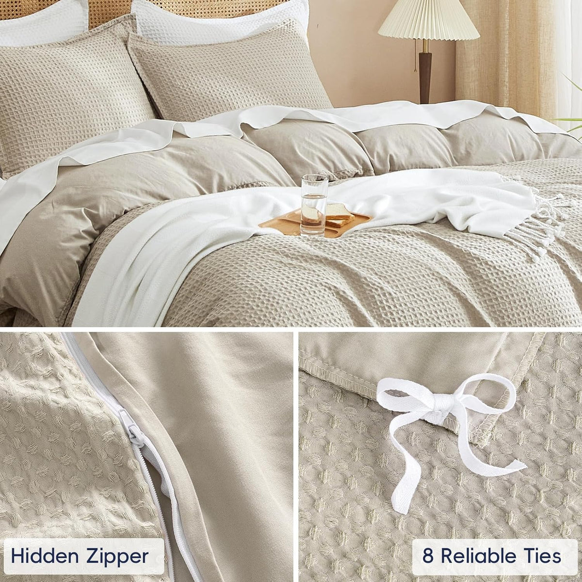 PHF Waffle Duvet Cover Set King, Ultra Soft & Breathable, 104"x90", Linen