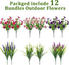 12 Bundles Artificial Flowers Outdoor Silk Fake Plants UV Resistant Faux Plastic Greenery Shrubs for Home Outside Garden Front Porch Vase Pot Planters Decor (Mix Color)