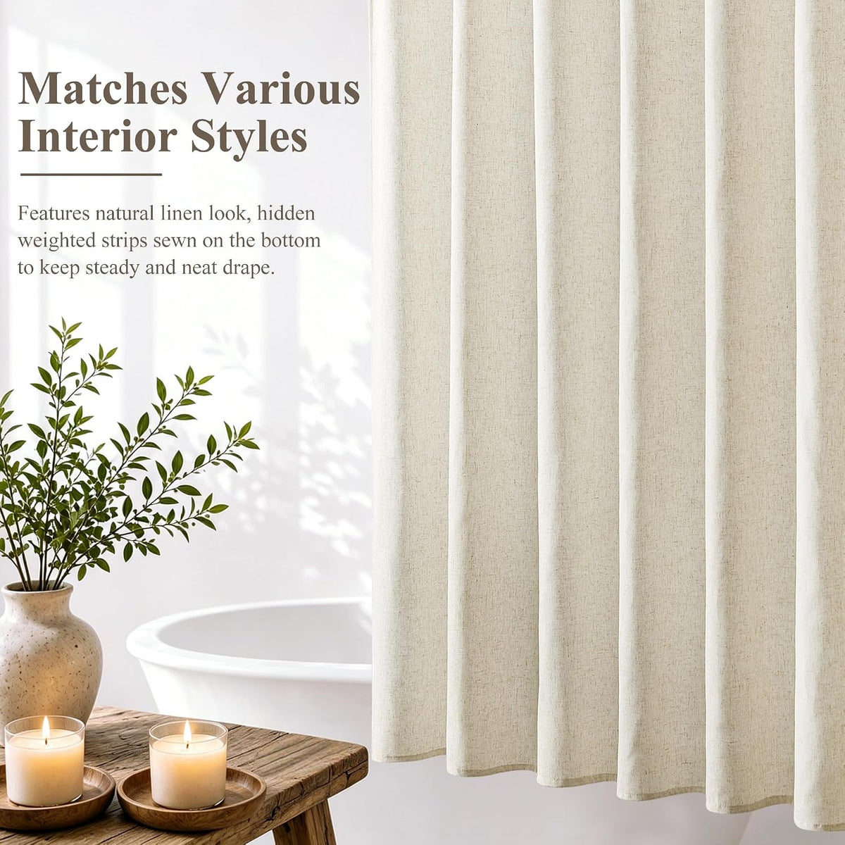 Jowels Natural Linen Fabric Shower Curtains for Bathroom, 72x78