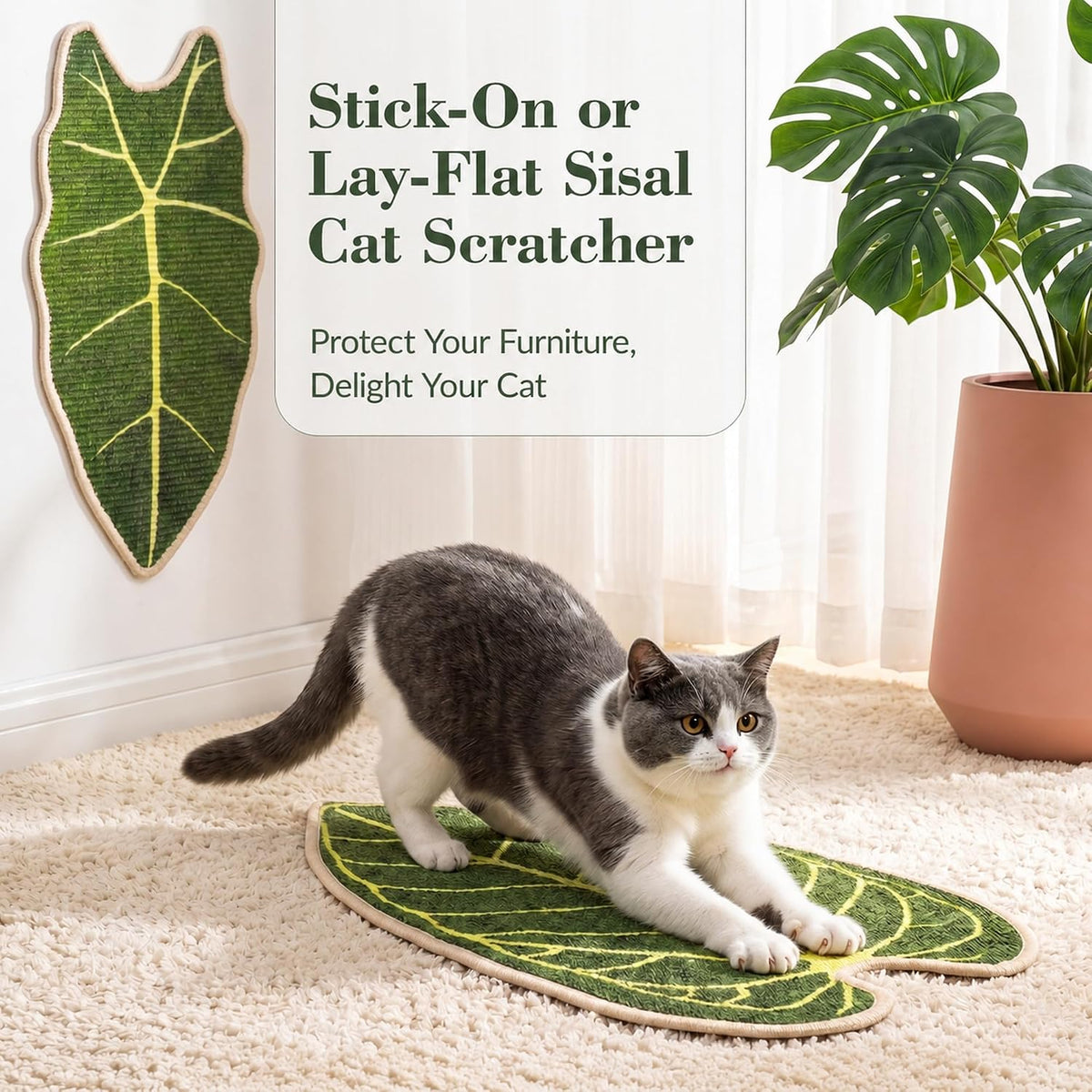 Natural Leaf-Shaped Sisal Cat Scratcher for Wall and Floor, Large Cat Scratch Pad for Indoor Cats Furniture Protection, Extra Large Wall Mounted Cat Scratching Mat for Claw Care (Anthurium)