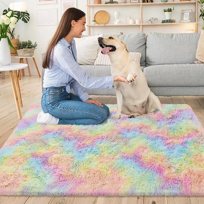 Small Fluffy Rainbow Colorful Area Rug - Image 2