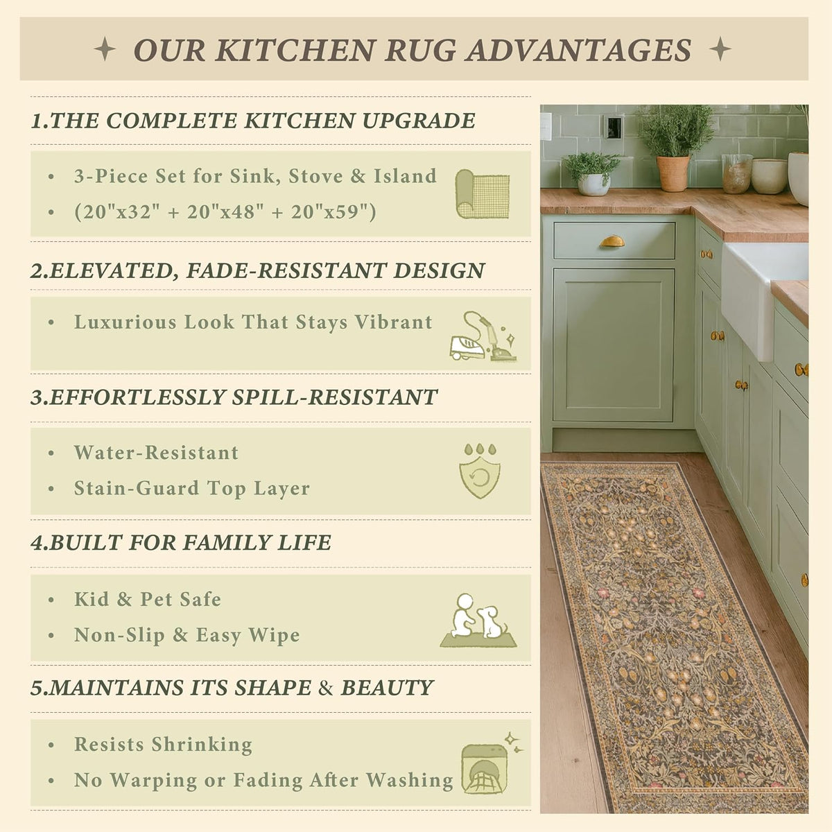 JTJ Brown Kitchen Rug Set of 3, Washable Non Slip Mats with Runner
