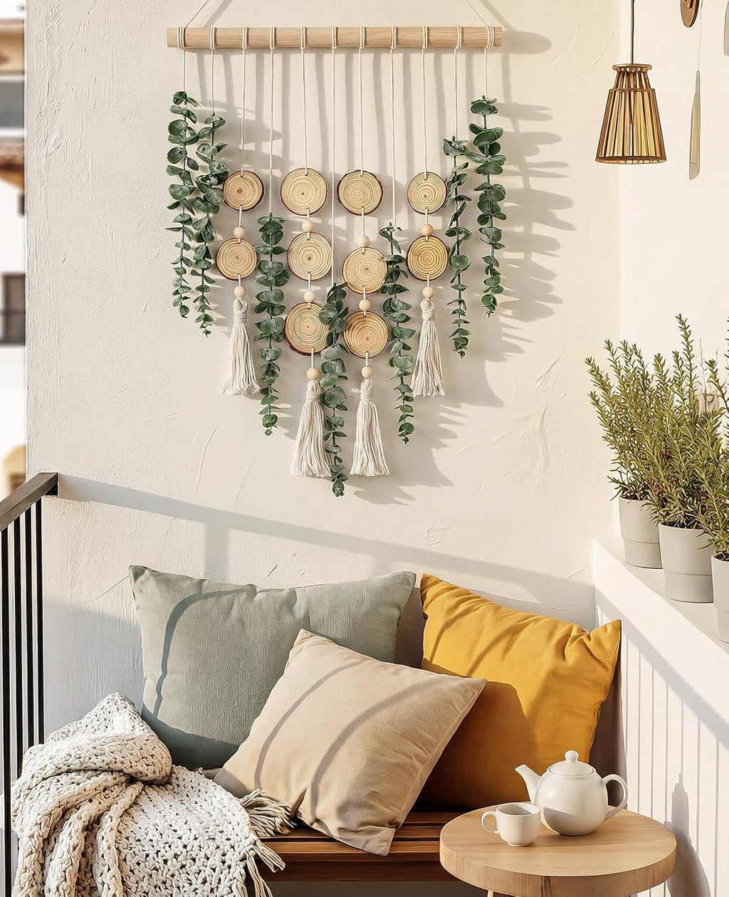 Fake Hanging Eucalyptus Wall Decor with Fake Greenery Leaves, Stems, and Wicker Ball, Artificial Eucalyptus Wall Hanging for Bathroom, Living Room, Bedroom Decor (24" L x 16" W)