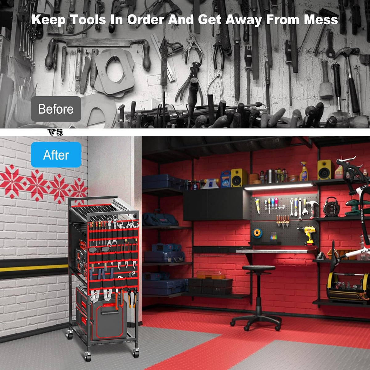 Power Tool Organizer Cart with Charging Station, 6 FT Cord, Red
