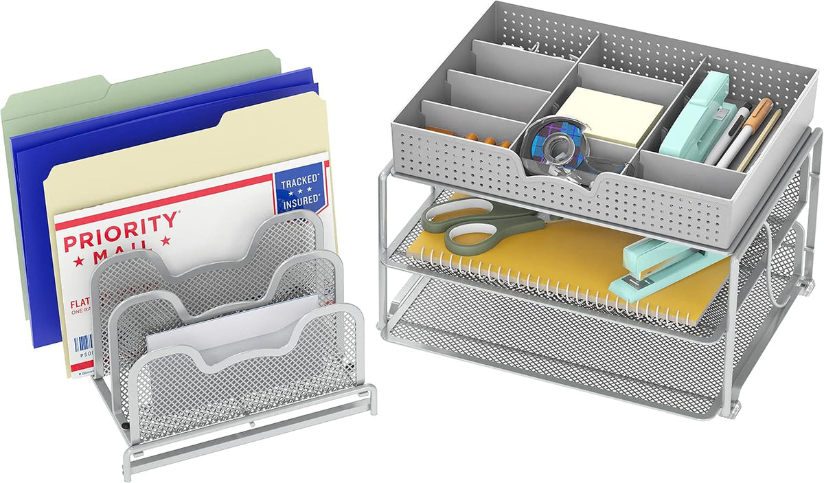 Simple Houseware Mesh Desk Organizer with Sliding Drawer, Silver