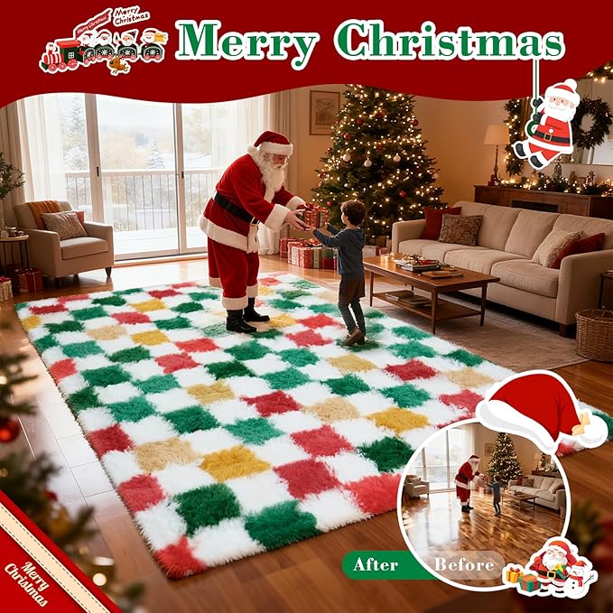 Checkered Area Rug 5x8 for Bedroom Living Room, Christmas Shag Rug Fuzzy Shaggy - Image 3