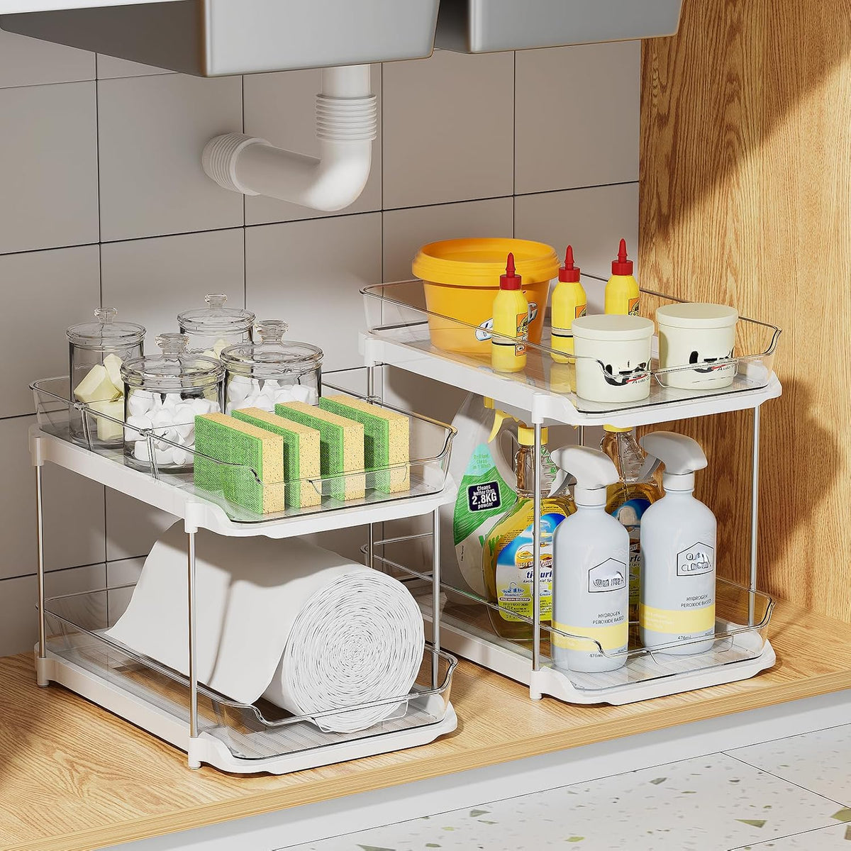 Delamu 4 Pack 2-Tier Bathroom Under Sink Organizers and Storage, Multi-Purpose Stackable Pantry Organization and Storage, Pull Out Clear Kitchen Bathroom Cabinet Organizer with Movable Dividers, White
