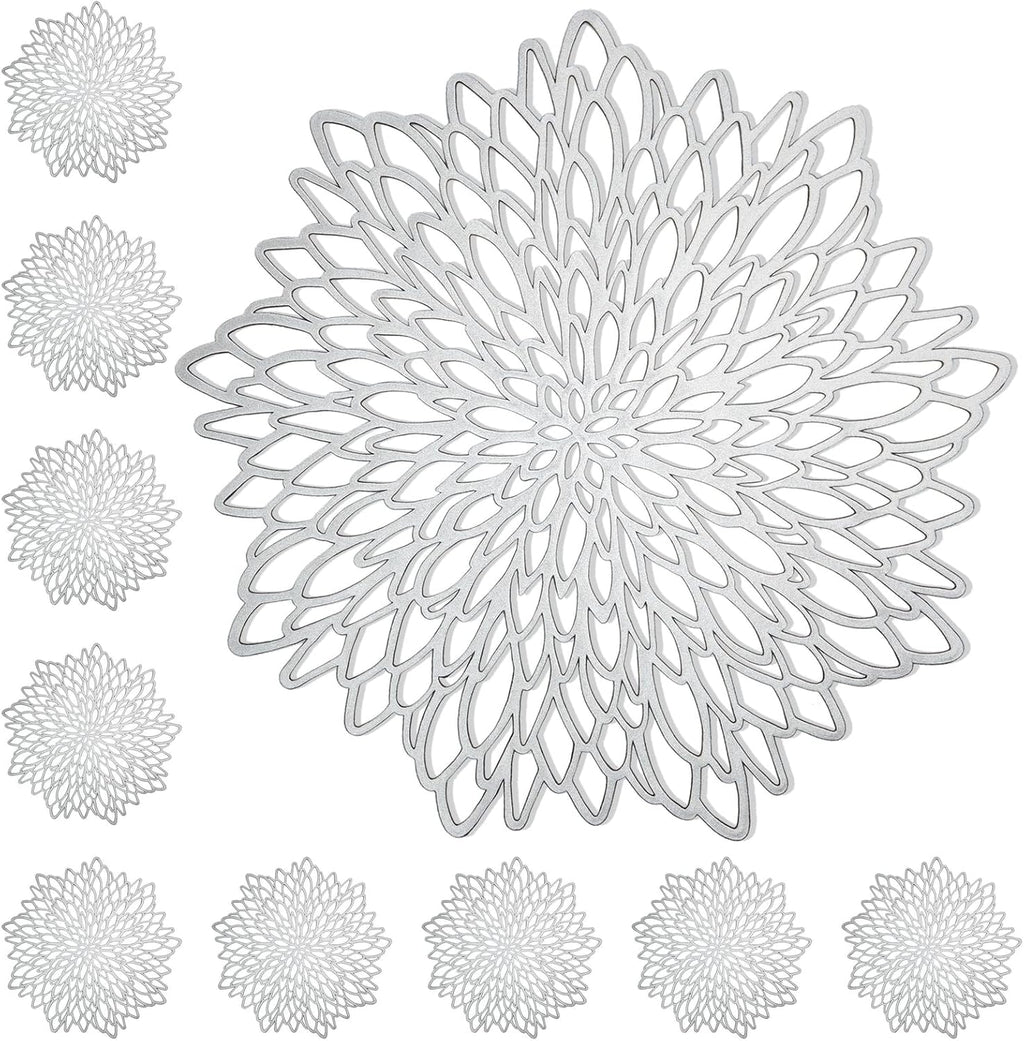 Juvale 10 Pack Silver Metallic Vinyl Placemats - 14.4" x 14.4" Round Table Mats and Chargers with Leaf Design for Elegant Table Decor and Protection - Stylish Charger Plates for Weddings and Parties