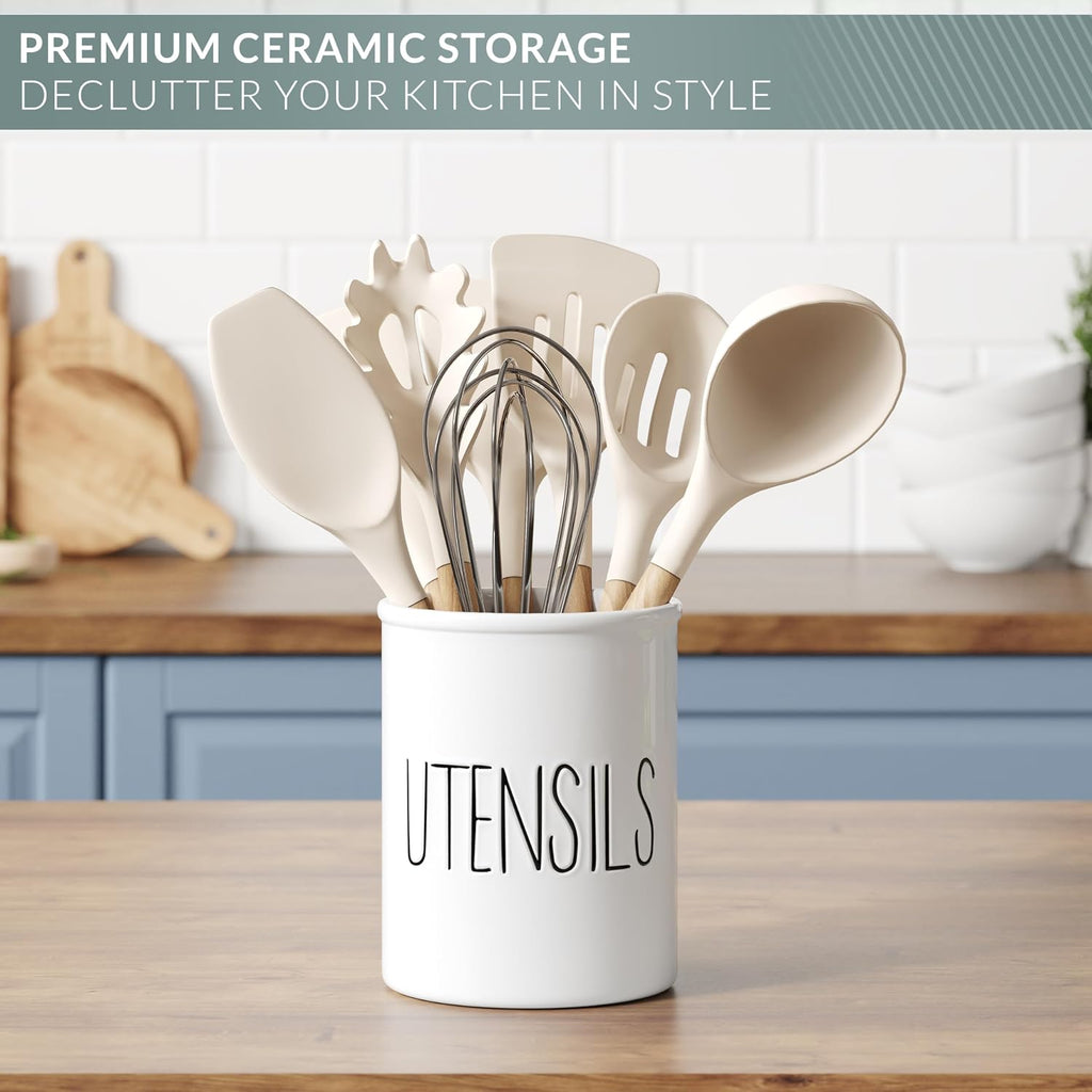 Barnyard Designs Ceramic Farmhouse Kitchen Utensil Holder 7" (White)