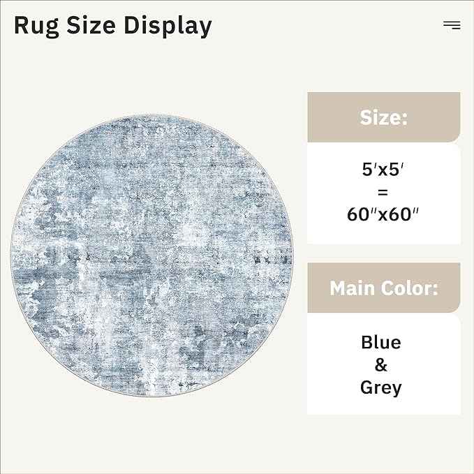 5x5 Blue/Grey Round Rug 5ft Living Room Circle Rug Vintage Round Area Rug Non - Image 5