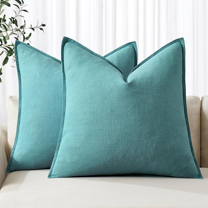 MIULEE Decorative Linen Pillow Covers 20x20 Inch Turquoise ​Boho Farmhouse​ by MIULEE