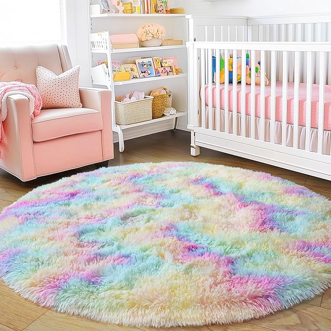 3'x3' Rainbow Round Rugs for Girls Bedroom, Ultra Soft Fluffy Circle Rug for - Image 7
