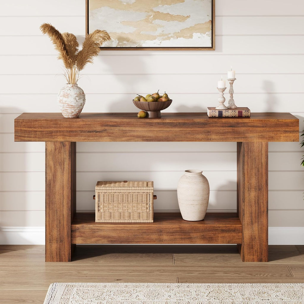 Garvee 63" Farmhouse 2-Tier Console Table for Entryway, Retro Brown