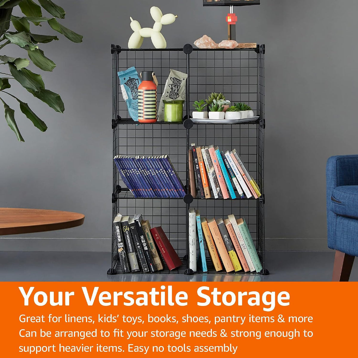 Amazon Basics 6-Cube Wire Grid Stackable Storage Organizer, Metal Shelving Unit, No-Tool Assembly, 26"W x 38"H x 12.6"D, Black