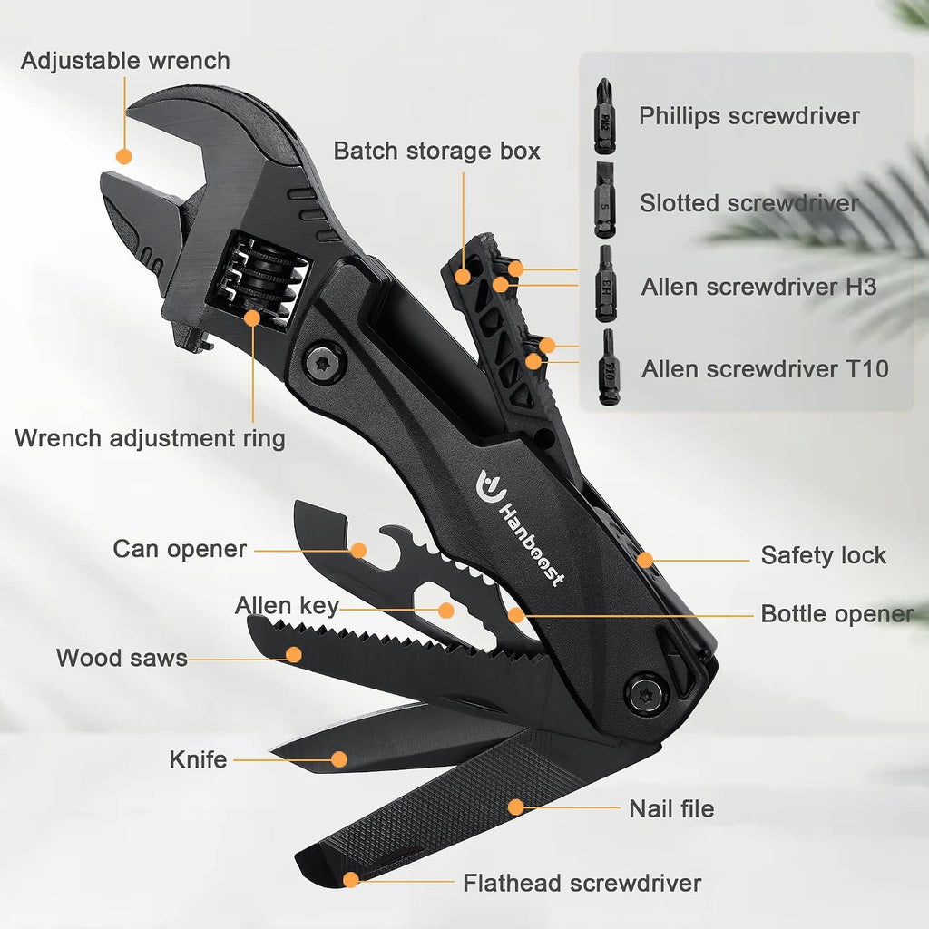 Hanboost Multitool Wrench Wide Jaw Opening Cmaping Gear, Gift for Him and Her, 12 in 1 Multi Purpose Pocket Size EDC Gadget With Screwdriver Cutting Saw Bottle Opener for Maintenance, Camping and DIY