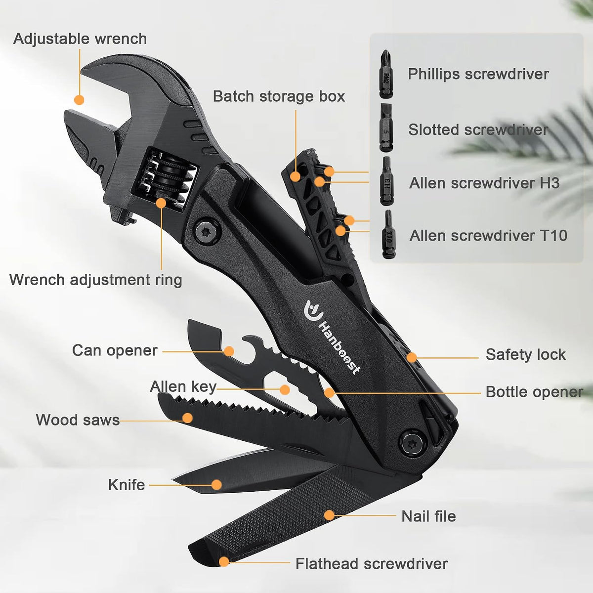 Hanboost Multitool Wrench Wide Jaw Opening Cmaping Gear, Gift for Him and Her, 12 in 1 Multi Purpose Pocket Size EDC Gadget With Screwdriver Cutting Saw Bottle Opener for Maintenance, Camping and DIY