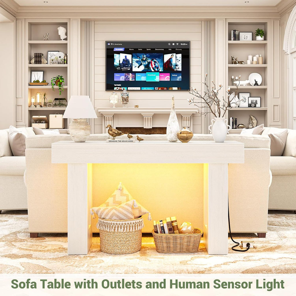 Unikito 47" Entryway Table with Sensor Light and Outlets, Rustic White