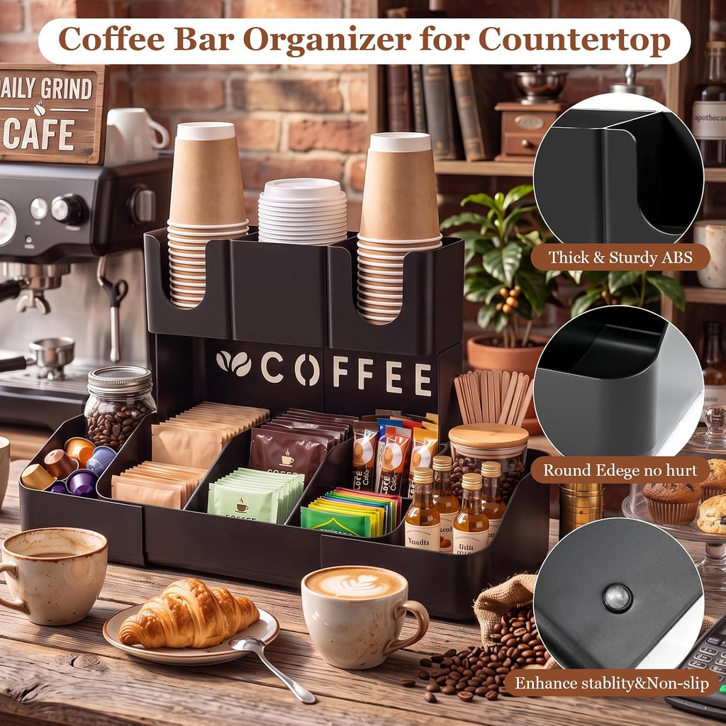 Expandable 2 Tier Coffee Station Organizer, Coffee Bar Organizer with 11 Compartments & Cup Holder Rack, Coffee Pod Holder for K Cups, Tea Bags, Sugar Packets, Countertop Coffee Accessories Storage