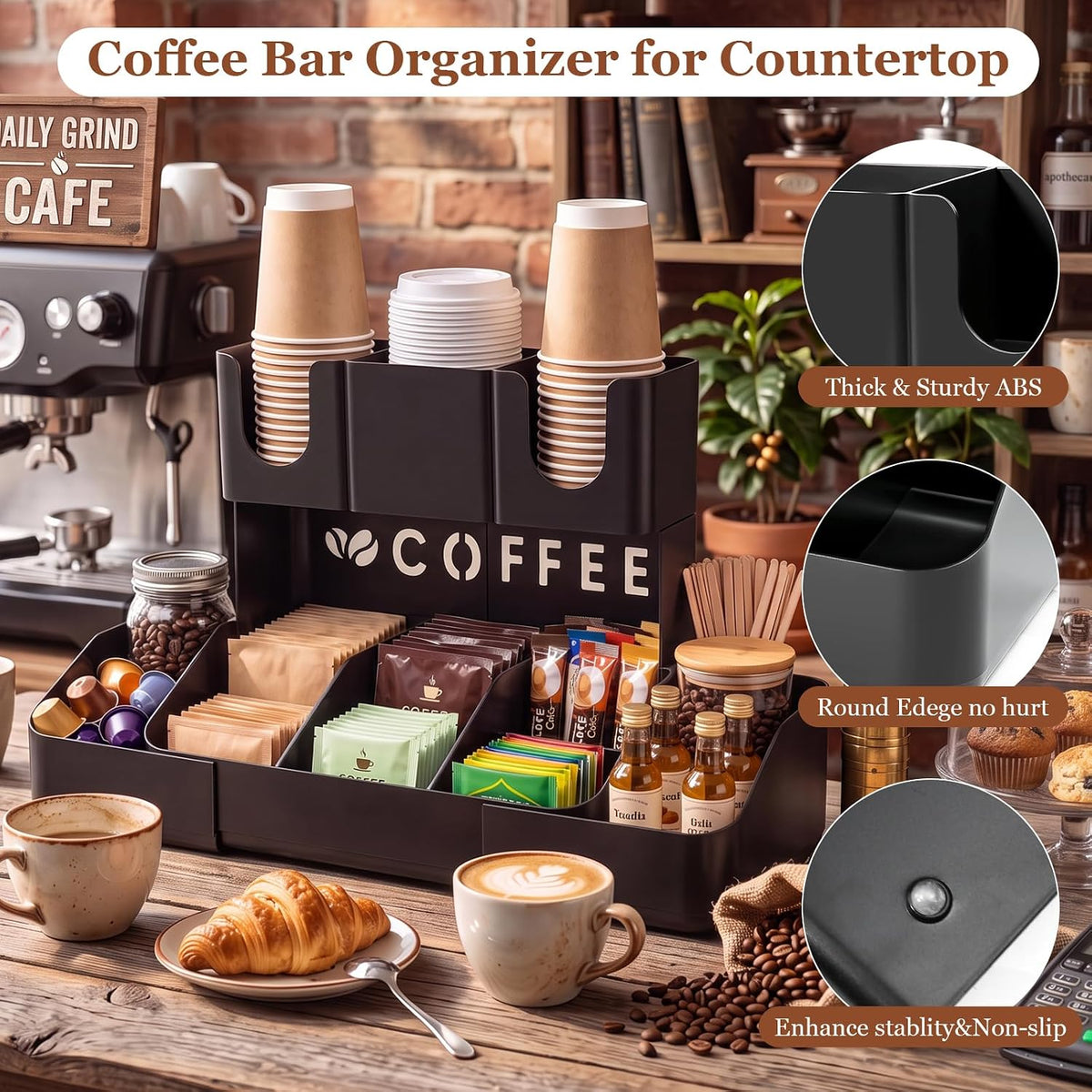 Expandable 2 Tier Coffee Station Organizer, Coffee Bar Organizer with 11 Compartments & Cup Holder Rack, Coffee Pod Holder for K Cups, Tea Bags, Sugar Packets, Countertop Coffee Accessories Storage
