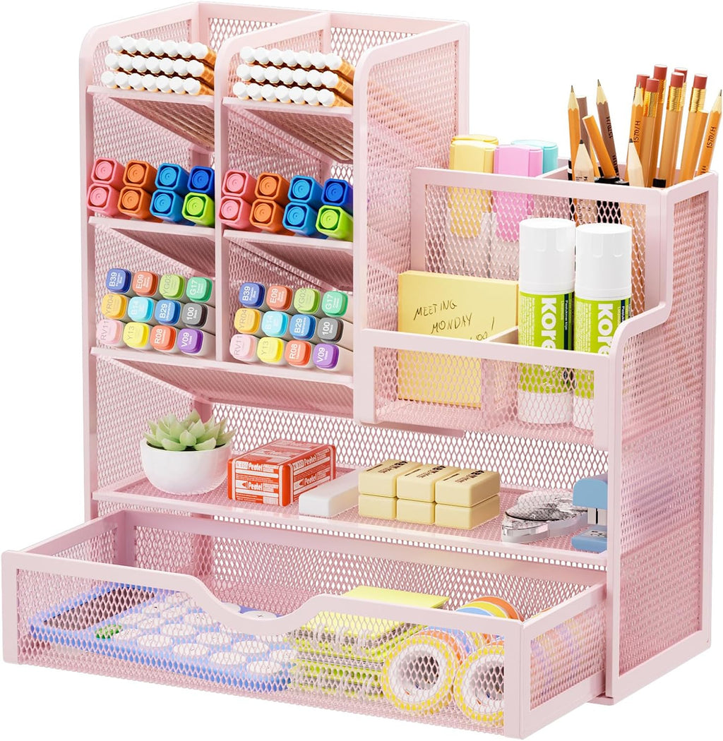 Marbrasse Mesh Pen Holder for Desk, Multi-Functional Pencil Organizer with Drawer, Desk Organizers and Accessories for Office Art Supplies (Large Black)