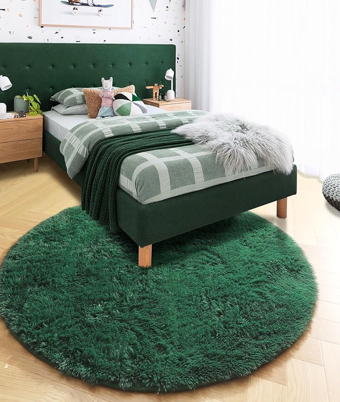 Amdrebio Dark Green Fluffy Round Rugs 5Ft - Image 7
