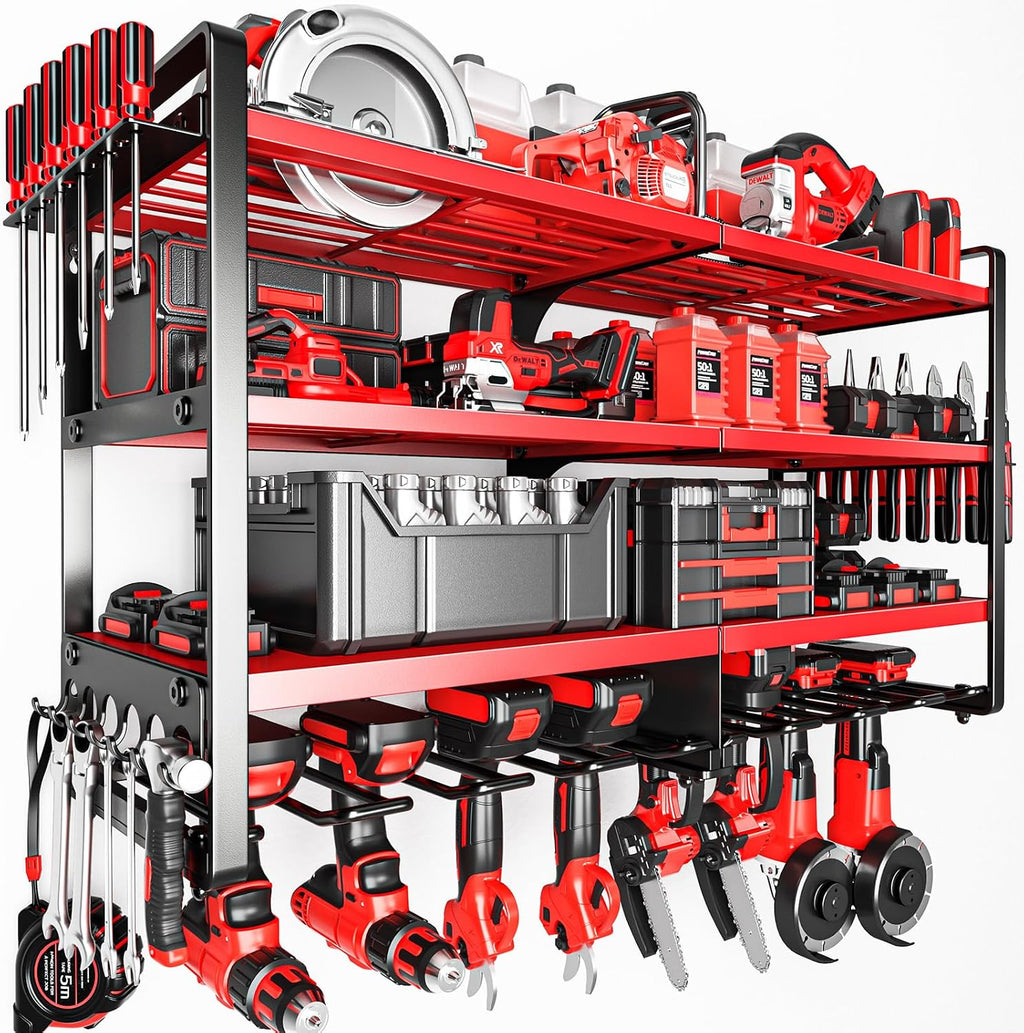 Large Power Tool Organizer Wall Mount,4 Layers Heavy Duty Metal Loads 400lbs,Power Tool Shelf Battery Storage with 8 Cordless Drill Holder,Utility Racks for Garage Workshop