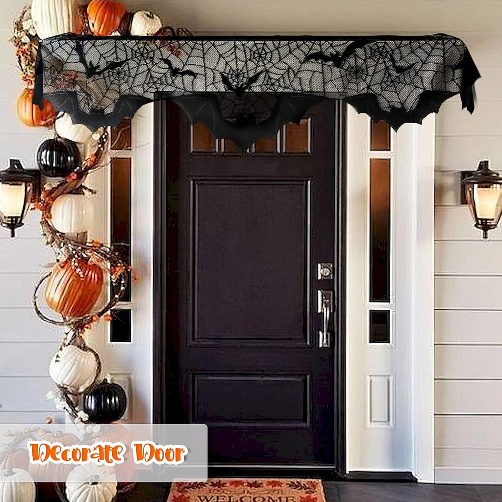 AerWo Halloween Decorations Indoor Fireplace Mantel Scarf, Black Lace Spiderweb Fireplace Cover for Halloween Mantle Decor Festive Party Supplies,20x79 inches