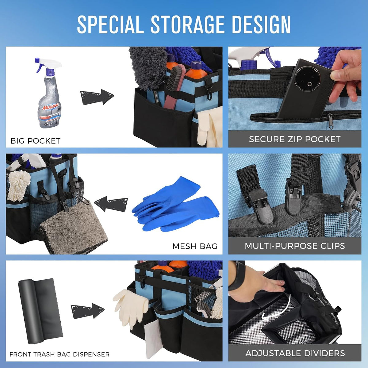 SCAVATA Wearable Cleaning Caddy, Cleaning Caddy Supplies Organizer with Handle & Shoulder Straps for Housekeepers, Under Sink & Car Cleaning Tool Organizers Bag with 4 Foldable Divider (Blue)