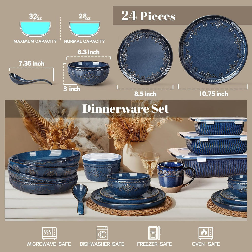 Artena 24-Piece Handcrafted Ceramic Dinnerware Set, Service for 6 – Reactive Glaze Embossed Plates, Bowls & Soup Spoons Included, Dishwasher & Microwave Safe, Blue, Damask Floral