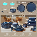 Artena 24-Piece Handcrafted Ceramic Dinnerware Set, Service for 6 – Reactive Glaze Embossed Plates, Bowls & Soup Spoons Included, Dishwasher & Microwave Safe, Blue, Damask Floral