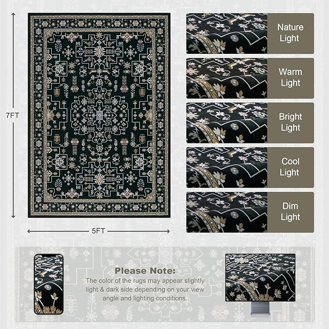 5x7 Area Rugs Living Room Rug: Washable Vintage Boho Medallion Rug No Slip - Image 2