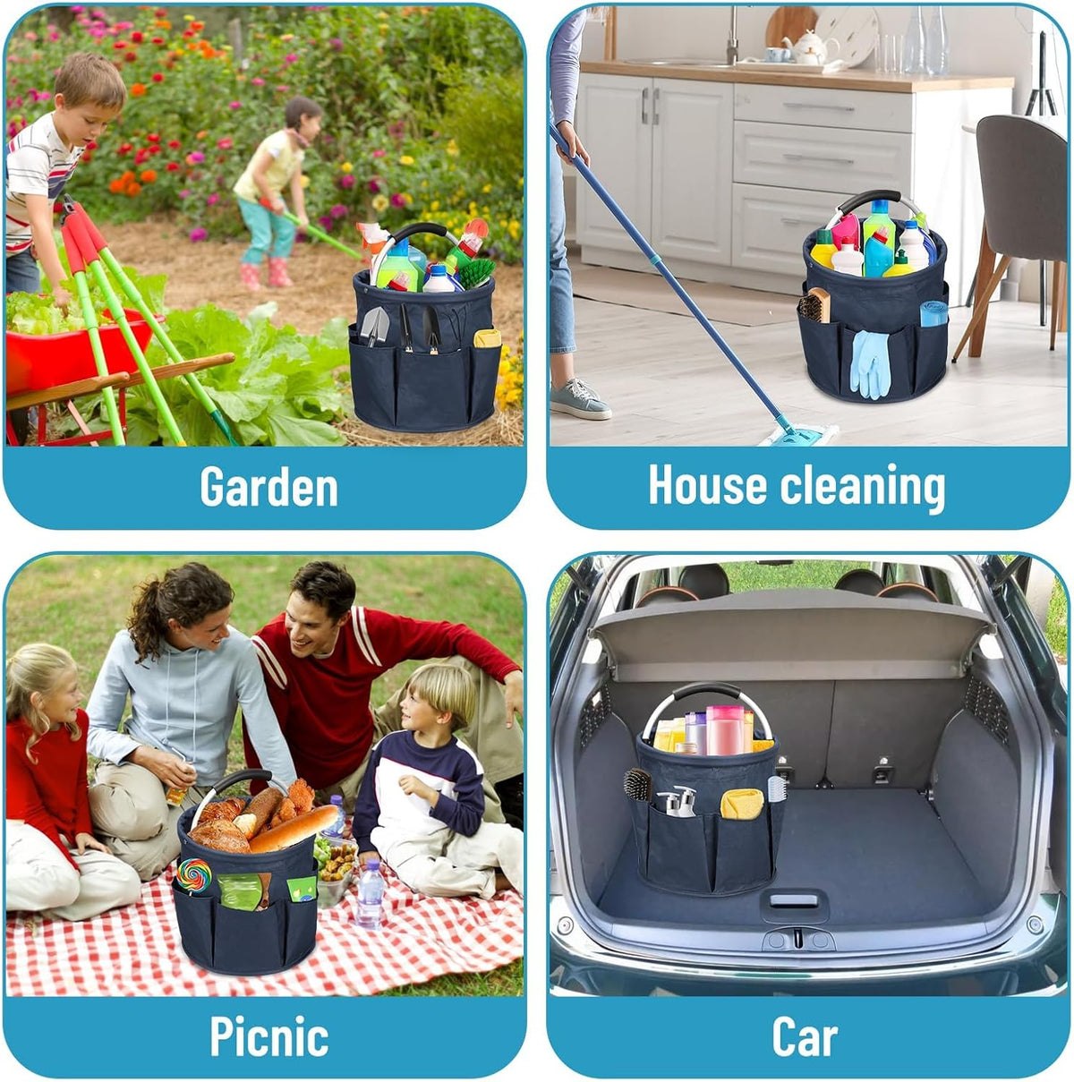 17L Foldable Cleaning Caddy with Handle - Portable Duty Tool Bag Cleaning Supply Organizer, Multi-Compartment Cleaning Bucket Storage Basket for Home Kitchen Bathroom (Blue)