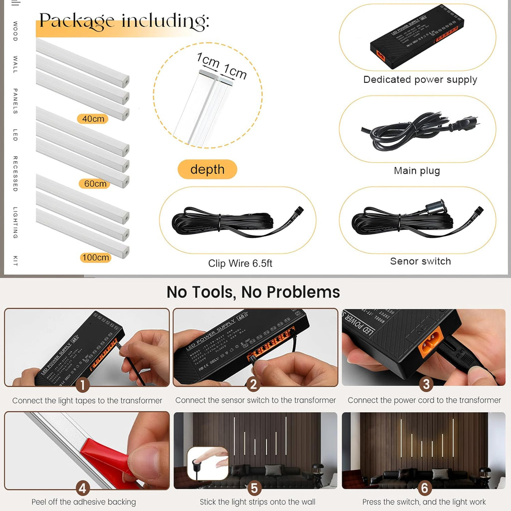 9-Lights LED Recessed Lighting Wall Panel Lights,Self-Adhesive Wood Slat Wall Panel Strip Light,4000K Touchable Switch Dimmable LED Aluminum Channel lamp,Under Cabinet Light(39in+31.5in+23.6in)