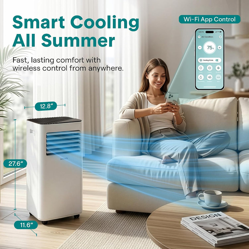 SereneLife Small Air Conditioner Portable 10,000 BTU with Built-in Dehumidifier - Portable AC unit for rooms up to 450 sq ft - WiFi app + Remote Control, Window Mount Exhaust Kit
