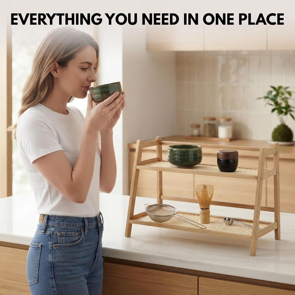 Matcha Station and Coffee Bar Organizer Set, Bamboo Countertop Shelf for Tea, Cups and Accessories, Includes Whisk, Steel Spoon and Fine Mesh Strainer